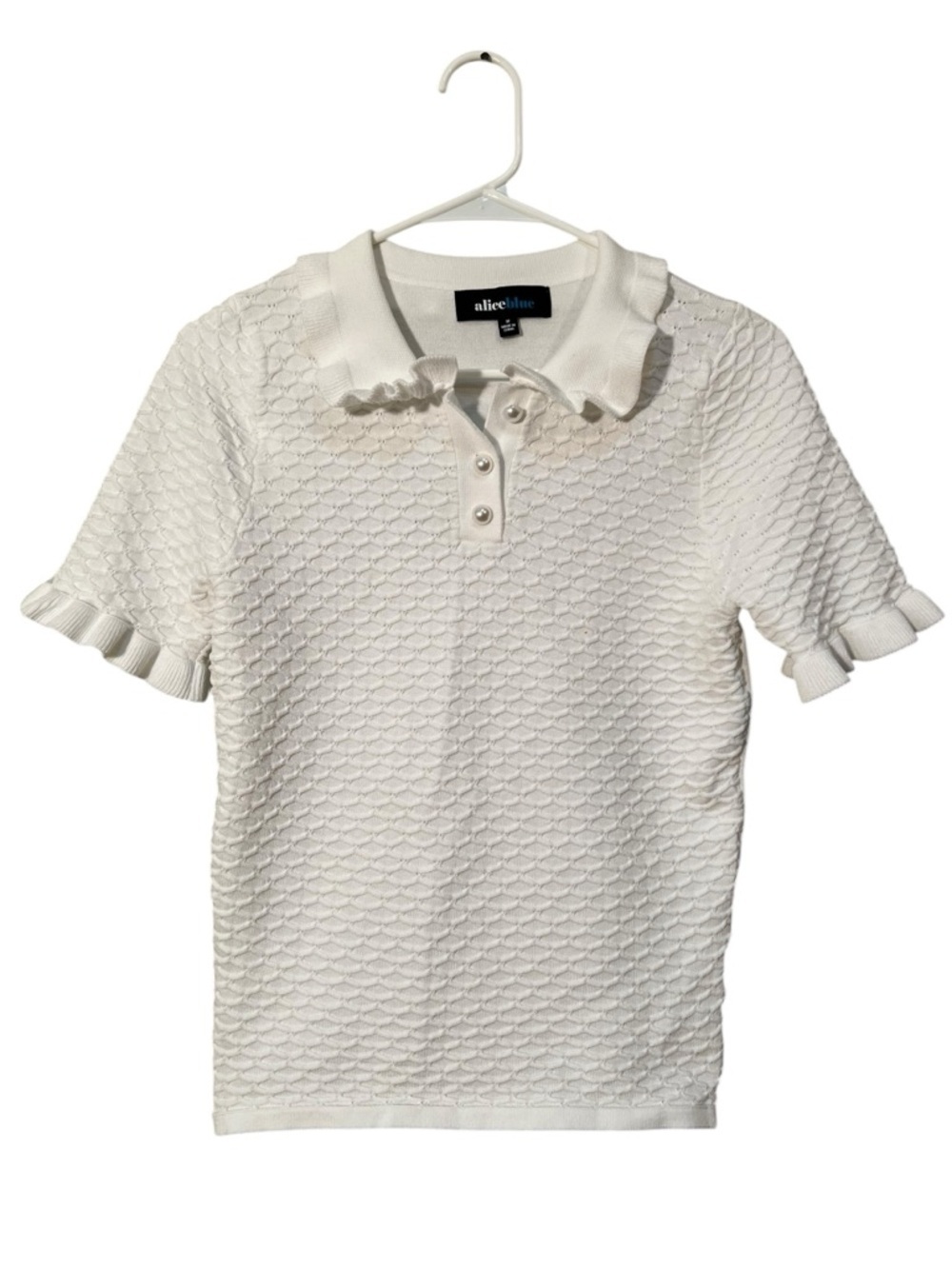 Aliceblue Women's Size Medium Knit Polo Shirt White Textured Pearl Buttons Short